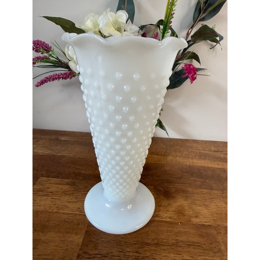 Vintage White Milk Glass Hobnail Vase Ruffled Trumpet Pedestal Floral Vase